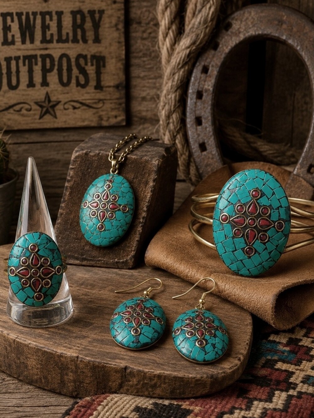 5 Piece Parure Necklace Bracelet Ring Earrings Faux Turquoise Coral Mosa